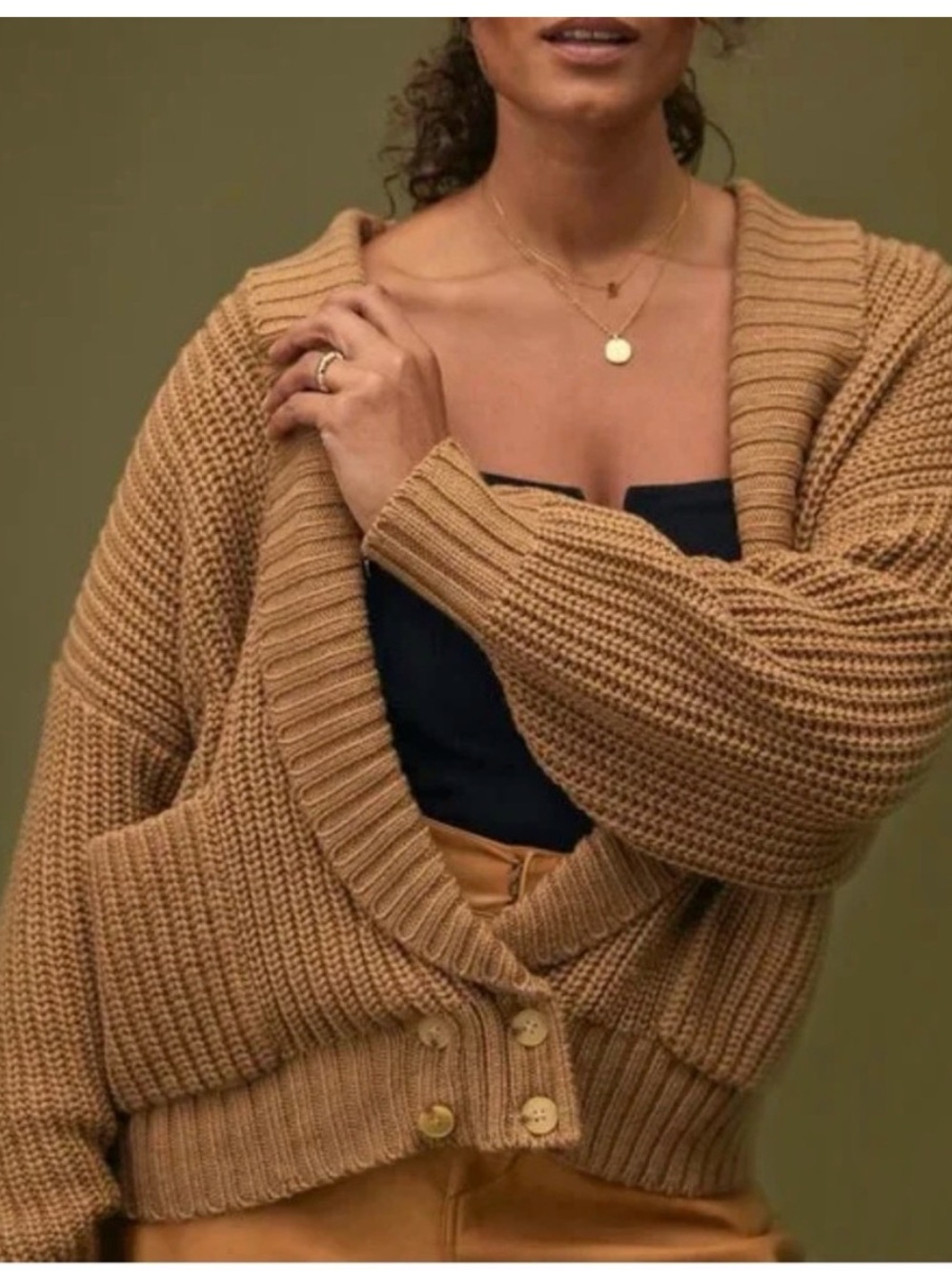 Anthropologie Camel Cable Knit Button-Front Cardigan M